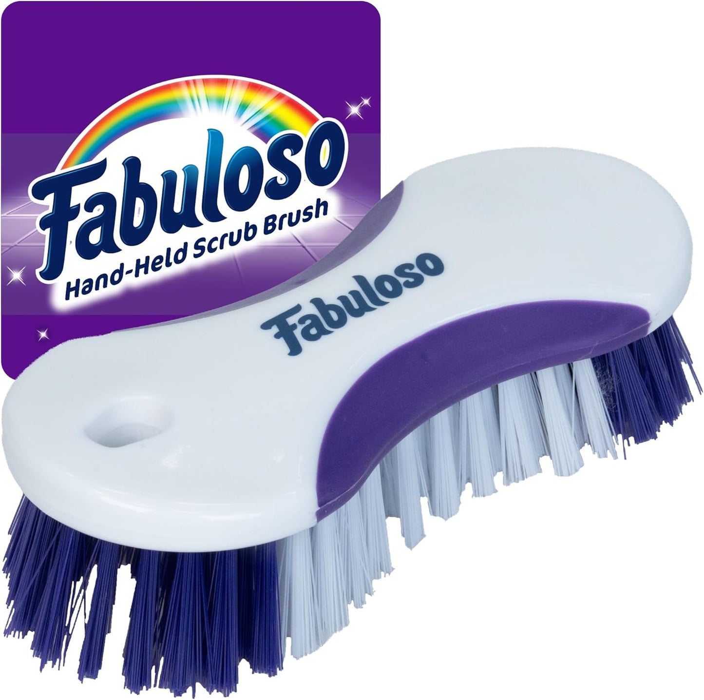 Fabuloso Cleaning Brush with Handle, Compact Handheld Household Scrub Brush for Kitchen, Bathroom, Baseboards, Tile and Floors, Firm Bristles for Indoor Surface Cleaning, White and Purple, 5.5 Inch