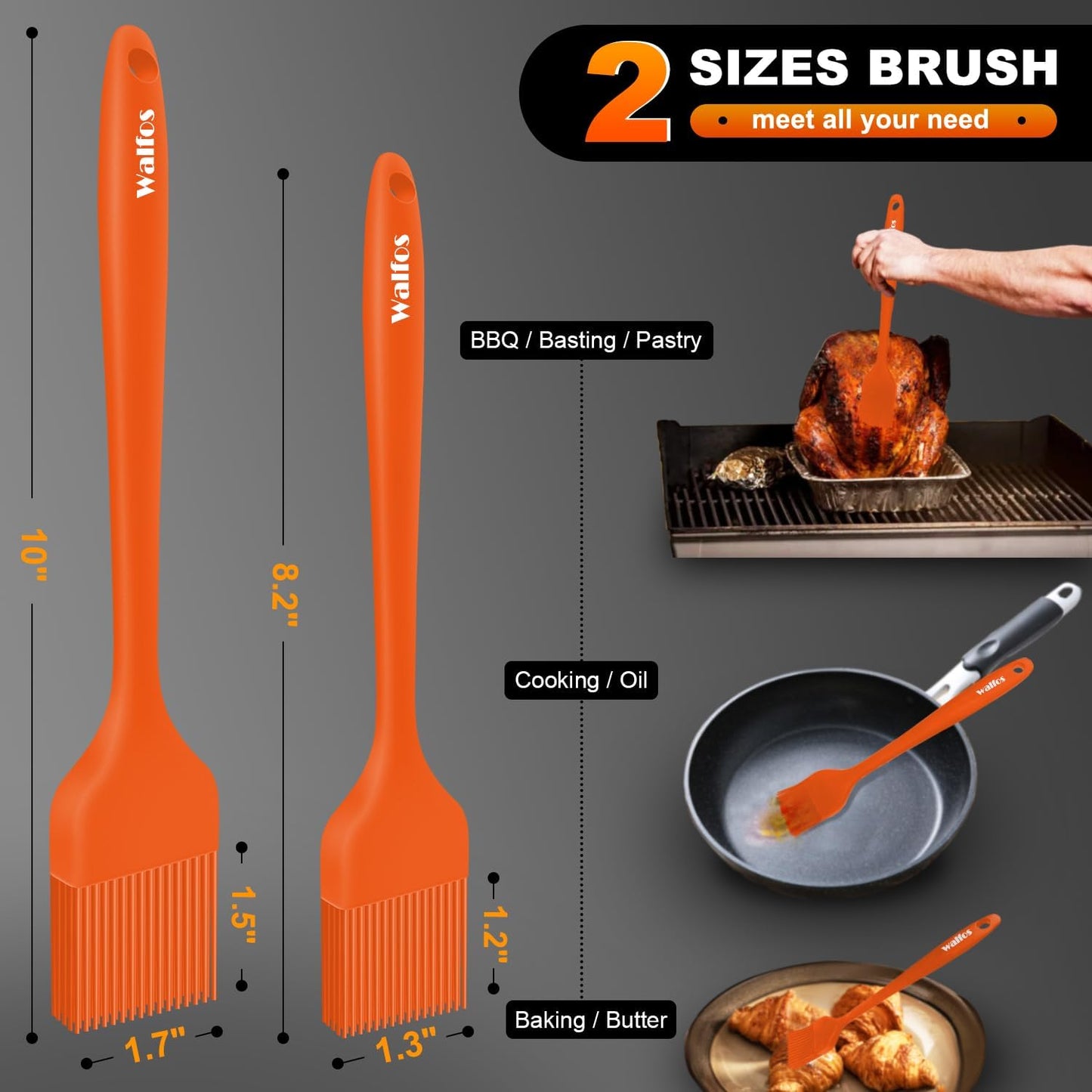 Walfos Silicone Basting Pastry Brush, Heat Resistant Pastry Brush Set, Strong Steel Core and One-Pieces Design, Perfect for BBQ Grill Baking Kitchen Cooking, BPA Free and Dishwasher Safe, 2 Pcs (Blue)