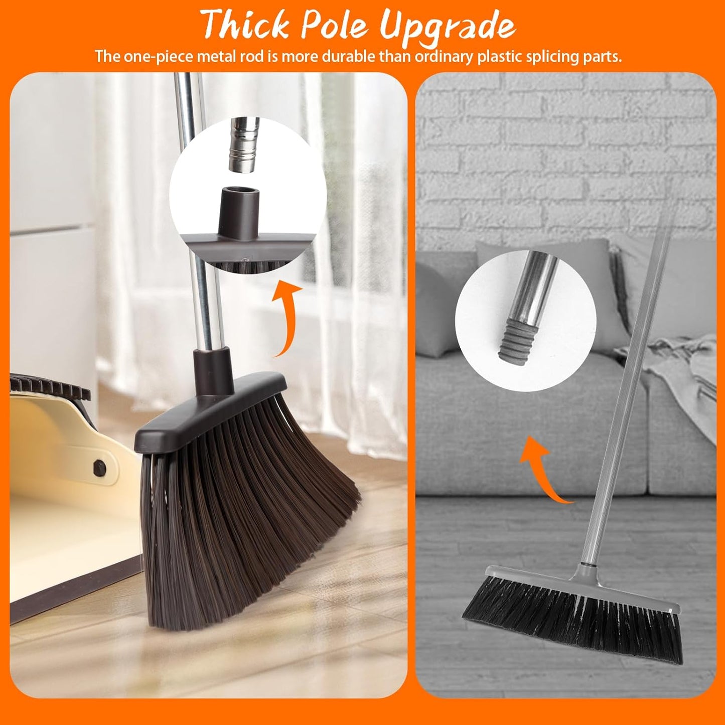 Broom and Dustpan Combo Set, Long Handle and Standing Dust Pan with Comb Teeth, Efficient Floor Cleaning for Kitchen, Outdoor, Dorm, Apartment, Office Lobby (Pink Gray)
