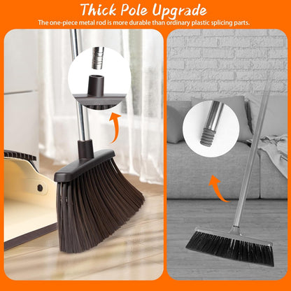 Broom and Dustpan Combo Set, Long Handle and Standing Dust Pan with Comb Teeth, Efficient Floor Cleaning for Kitchen, Outdoor, Dorm, Apartment, Office Lobby (Pink Gray)