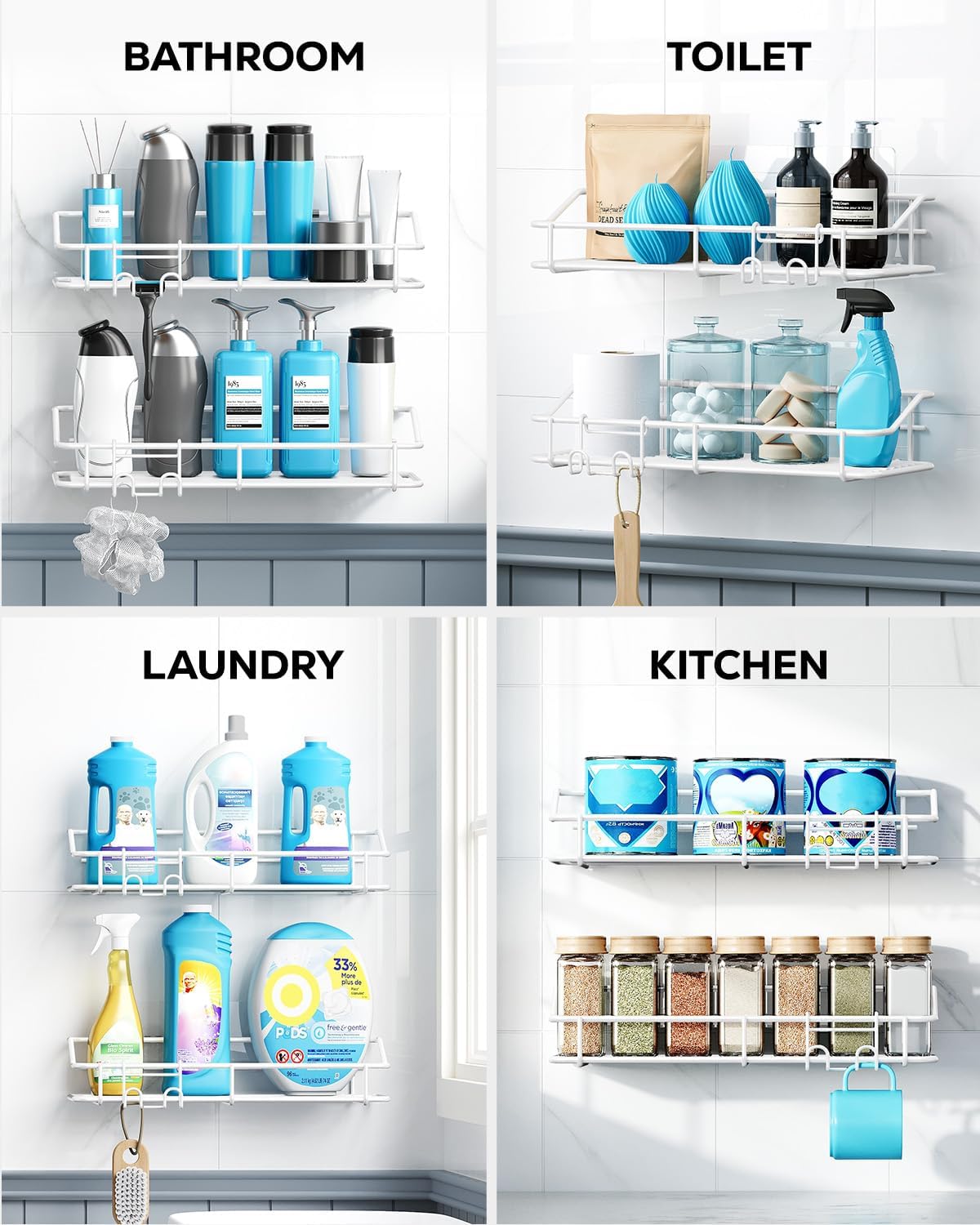 Nieifi Shower Caddy Shelf Storage Rack Adhesive Without Drilling Stainless Steel with Hooks for Washroom, Lavatory, Restroom, Toilet, Bathroom, Kitchen - 2 Pack