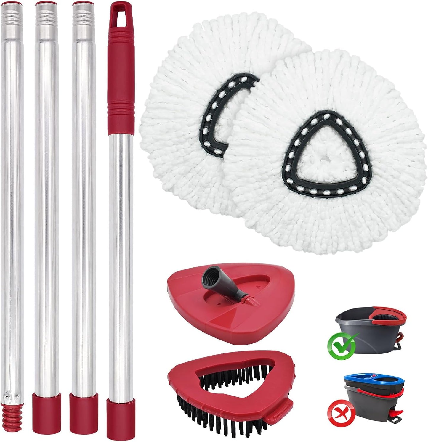 Spin Mop Replace Head, Base, Mop Handle Replacement for OCedar EasyWring 1 Tank System, Include 2 Microfiber Mop Head Replacement, 1 Sturdy Iron 30-58" Mop Handle, 1 Scrubber Head, 1 Spin Base