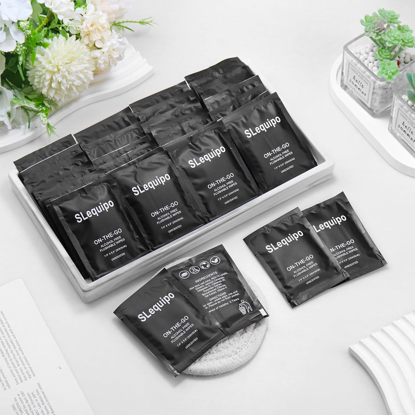 100 Pcs Flushable Wet Wipes, Aloe Vera for Butt, Hands, Face Cleaning, Sufficient Quantity, Individual Wrapped, Portable Size, Ideal for Daily Use, Plant Based, Black