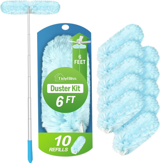 6 ft Extendable Dusters for Cleaning Compatible with Swiffer, Super Long Handle Dusting Wand Kit with 10 Refills, 360 Degree Heavy Duty Microfibers Dust Removing Tool for Ceiling Fan Wall