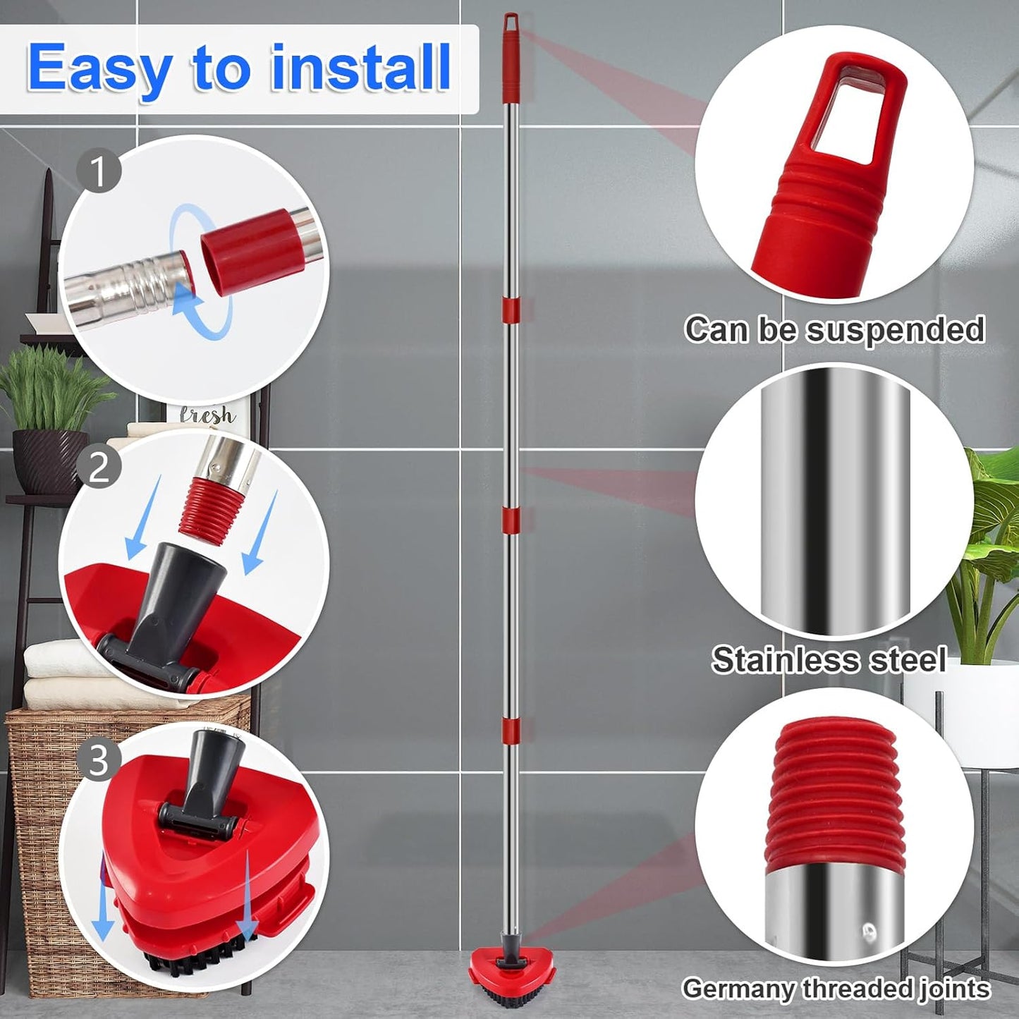 4 Part Stainless Steel Spin Mop Handles, Mop Base & Upgrade Scrub Brush Combo for Ocedar EasyWring 1 Tank Spin Mop System, Mop Handle Mop Base & Brush Set for O Cedar Mop, Universal Thin Screw Joints