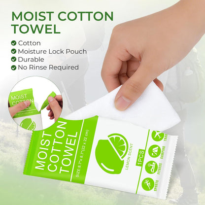 Body Wash Towelettes Scented Lemon Moist Cotton Towel 8.66''x8.66'' Deodorant Wipes Travel Size Individually Wrapped Bulk for Hiking Gym Camping Outdoor Sports (100 Pack)