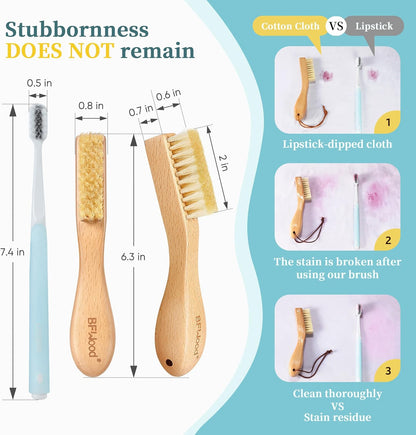 BFWood Laundry Stain Brush, Natural Soft Boar Bristles, Removes Tough Stains from Delicate Fabrics Like Knits, Cotton, and Linens, Gentle on Fabrics, No Damage