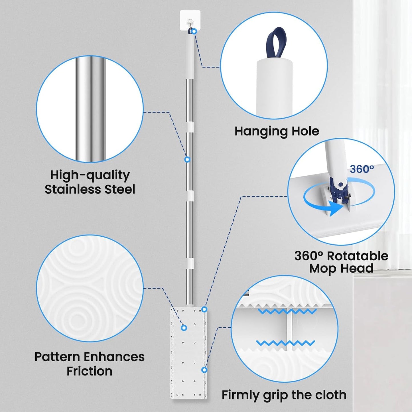 Snap Grip Mini Mop with 6 Washable Pads, Dust Mop Household Items for Wall Window Ceiling, Lazy Dry Wet Mops for Floor Cleaning for Home Kitchen Bathroom, Zero-Touch Flat Floor Mops with 47" Handle