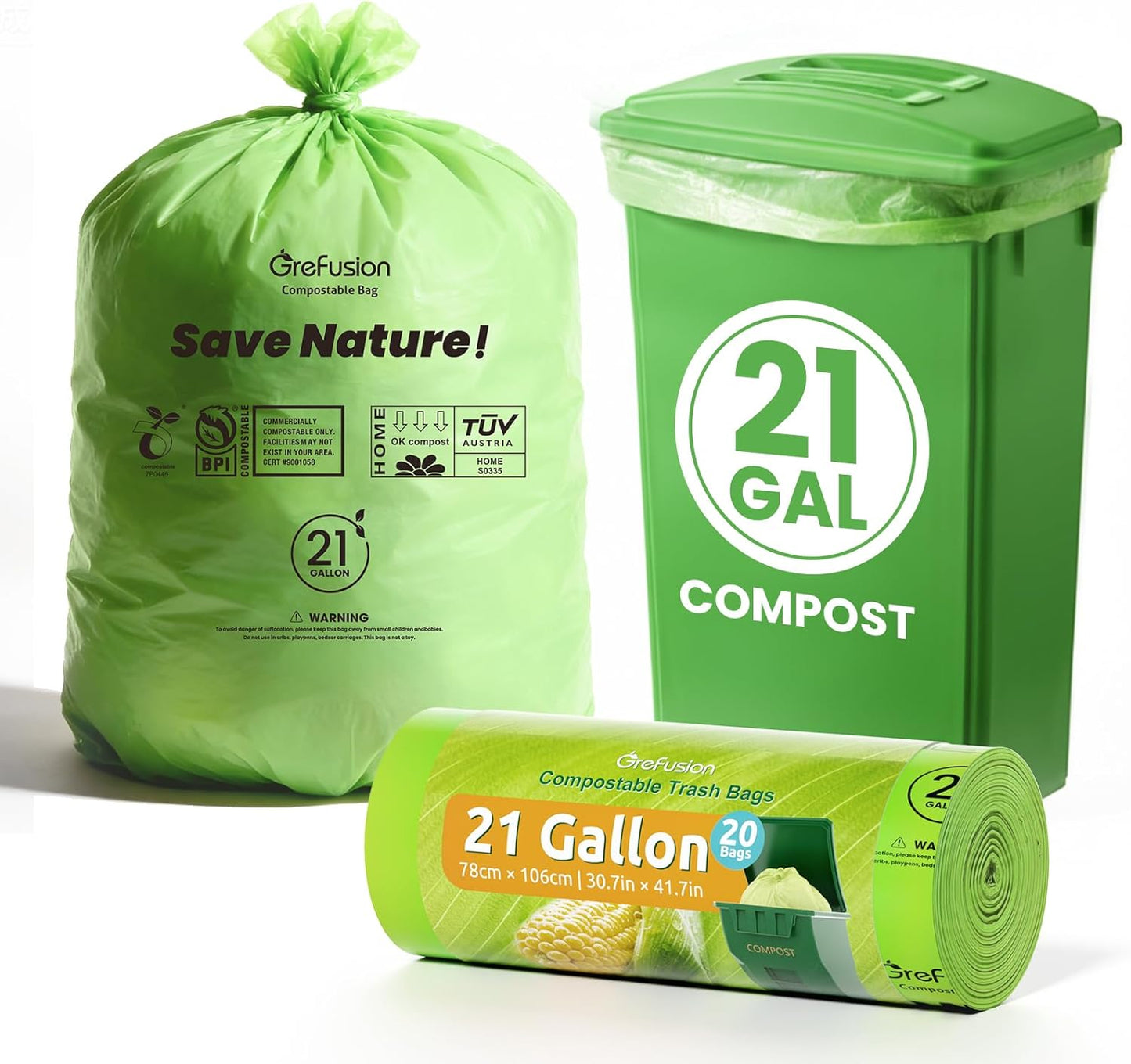 GreFusion Compostable Bags 1.2 Gallon,125 Count, Fits 0.75,1,1.2,1.3,1.6,1.8 Gallon Countertop Bin, Small compost bags, Certified by BPI, ASTM D6400 and OK Compost