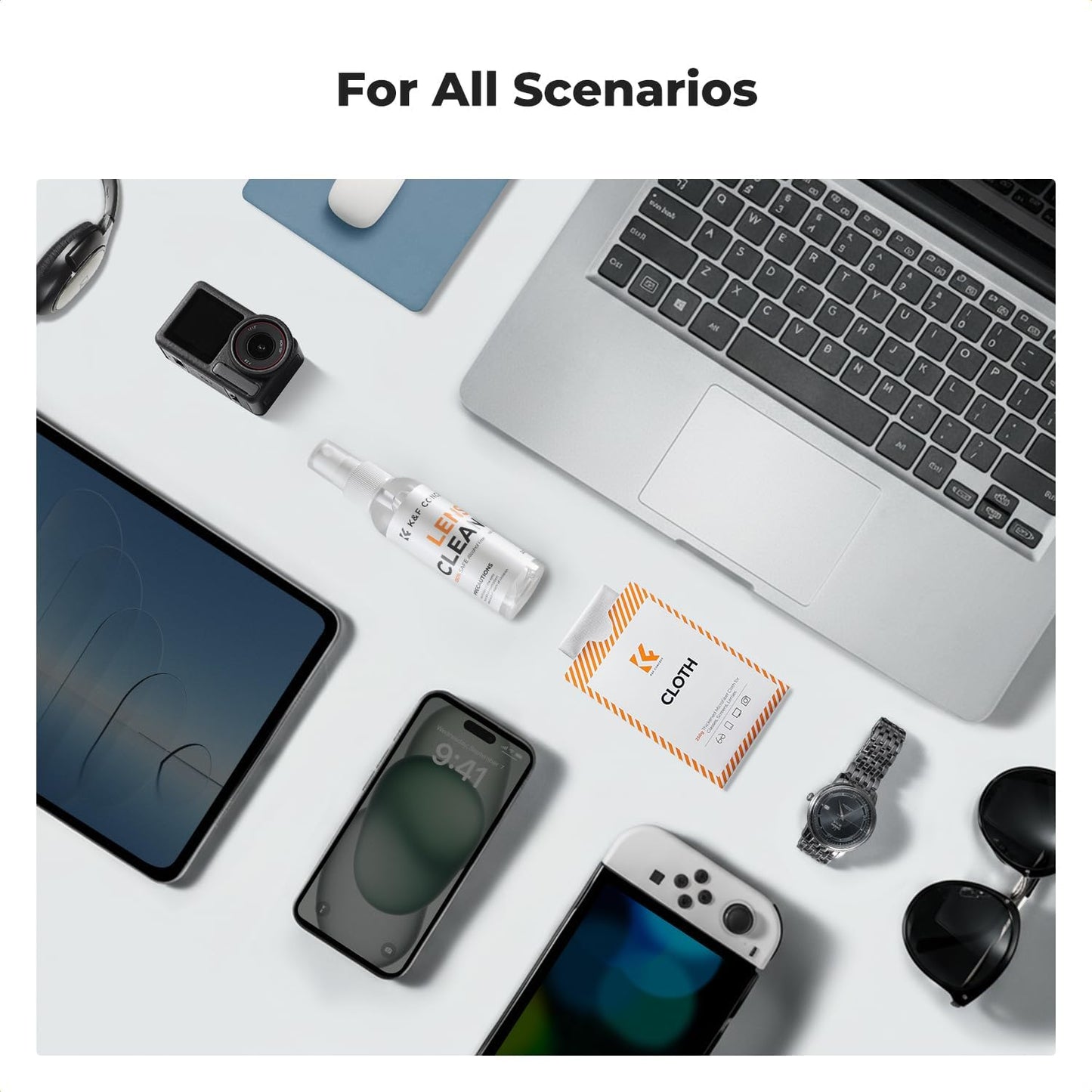 K&F CONCEPT Lens Cleaner Spray Kit | 60ML Glasses Cleaner x2 + Microfiber Cleaning Cloth x2 | Lens and Screen Cleaning Kit | Alcohol Free Eyeglasses, Camera, VR/AR Headset, and Screen Cleaning