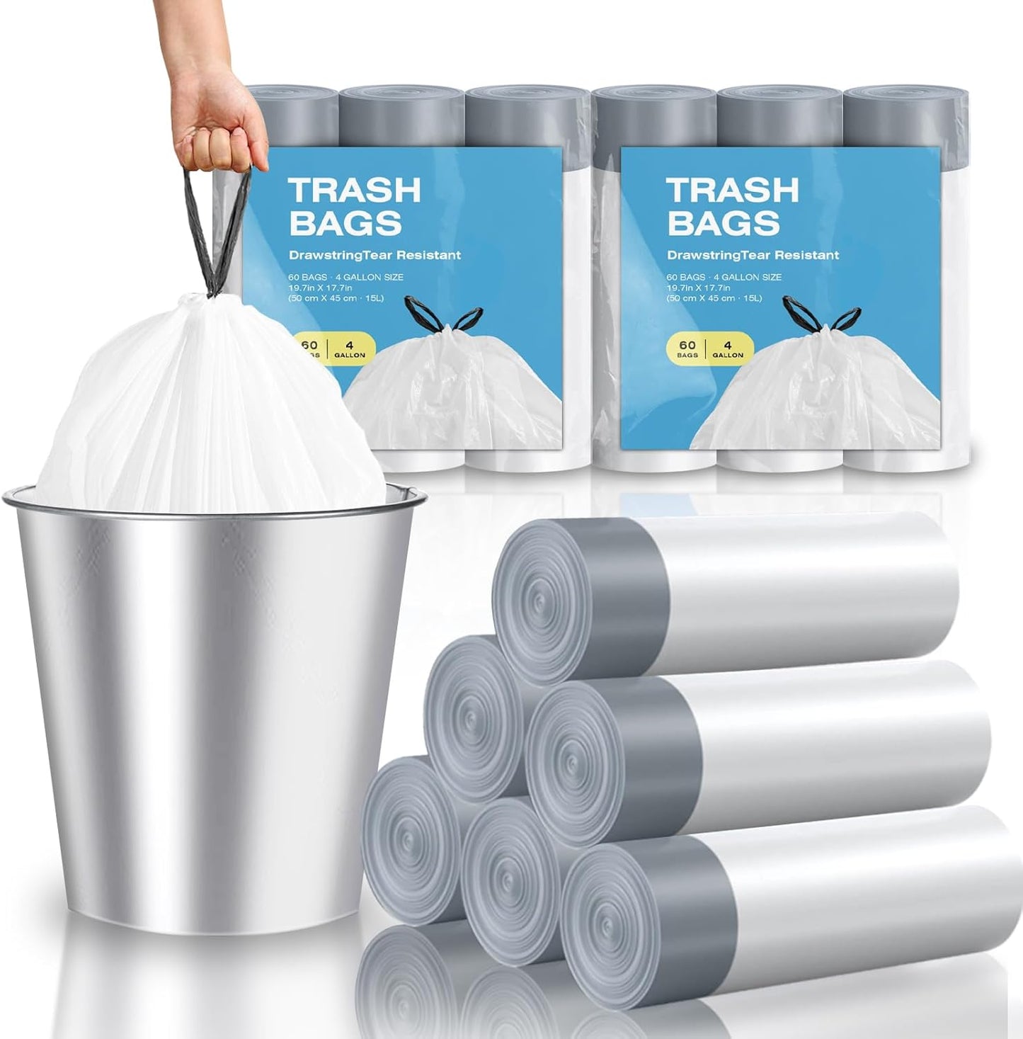 120 Counts 1.6 Gallon Mini Drawstring Trash Bags, Small Garbage Bags by KSSKSS, Code a fit 4.5-8 Liter, 1.2-2 Gal, White Trash Bin Liners for Home Office Kitchen Bathroom Bedroom