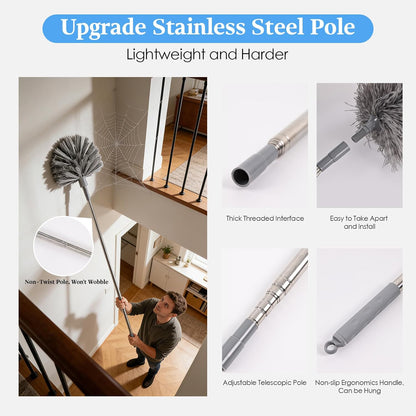 Microfiber Feather Duster 5-in-1 Kit with Extension Pole, Washable Cleaning Duster Set with 3 Duster Heads, Cobweb Duster, Corner Brush, 100'' Extendable Long Duster for High Ceilings, Fans, Furniture