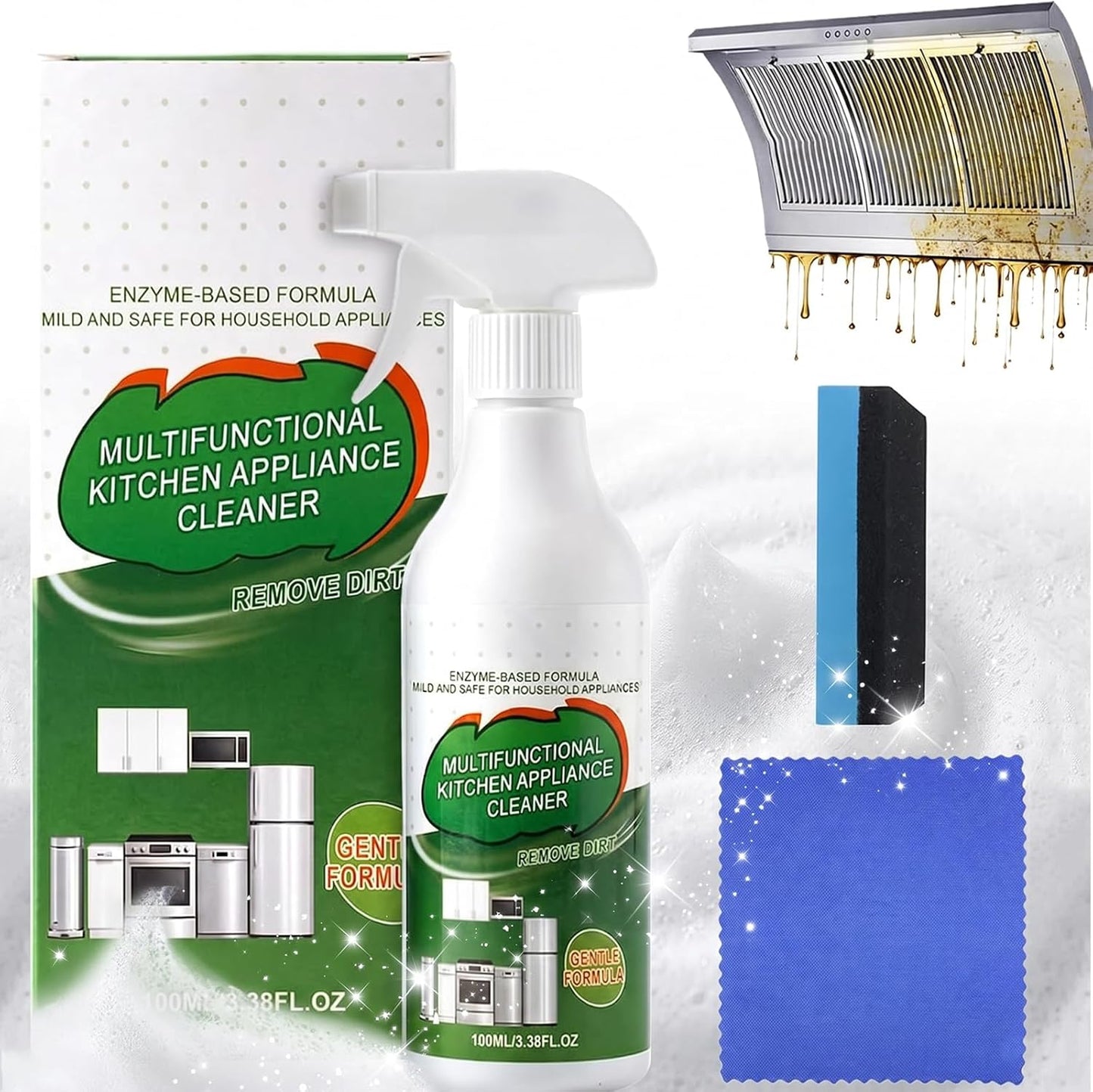 Multi-Purpose Enzyme Foam Cleaner, 2026 New Heavy-Duty Kitchen Oil Remover Spray Degreaser Powerful Household Appliance Cleaner Spray for Cooktop Appliance Includes Towel and Sponge Wipes (1PCS)