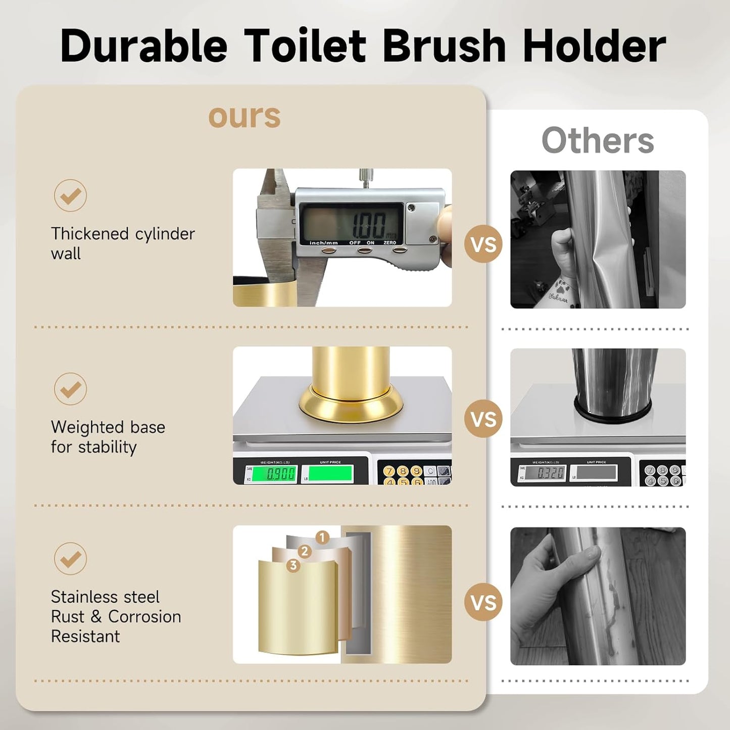 Bronze Toilet Brush and Holder，Extra Long Handled Toilet Brush for Bathroom，Stainless Steel Heavy Duty Toilet Bowl Brush,Deep Cleaning Modern Toilet Cleaner Brush -Space Saving, Covered Brush, Durable