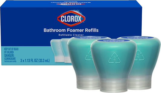 Clorox Bathroom Foamer Refillable Cleaner, Household Essentials, 1 Bottle and 3 Refill, Rain Clean, 1.13 Fl Oz