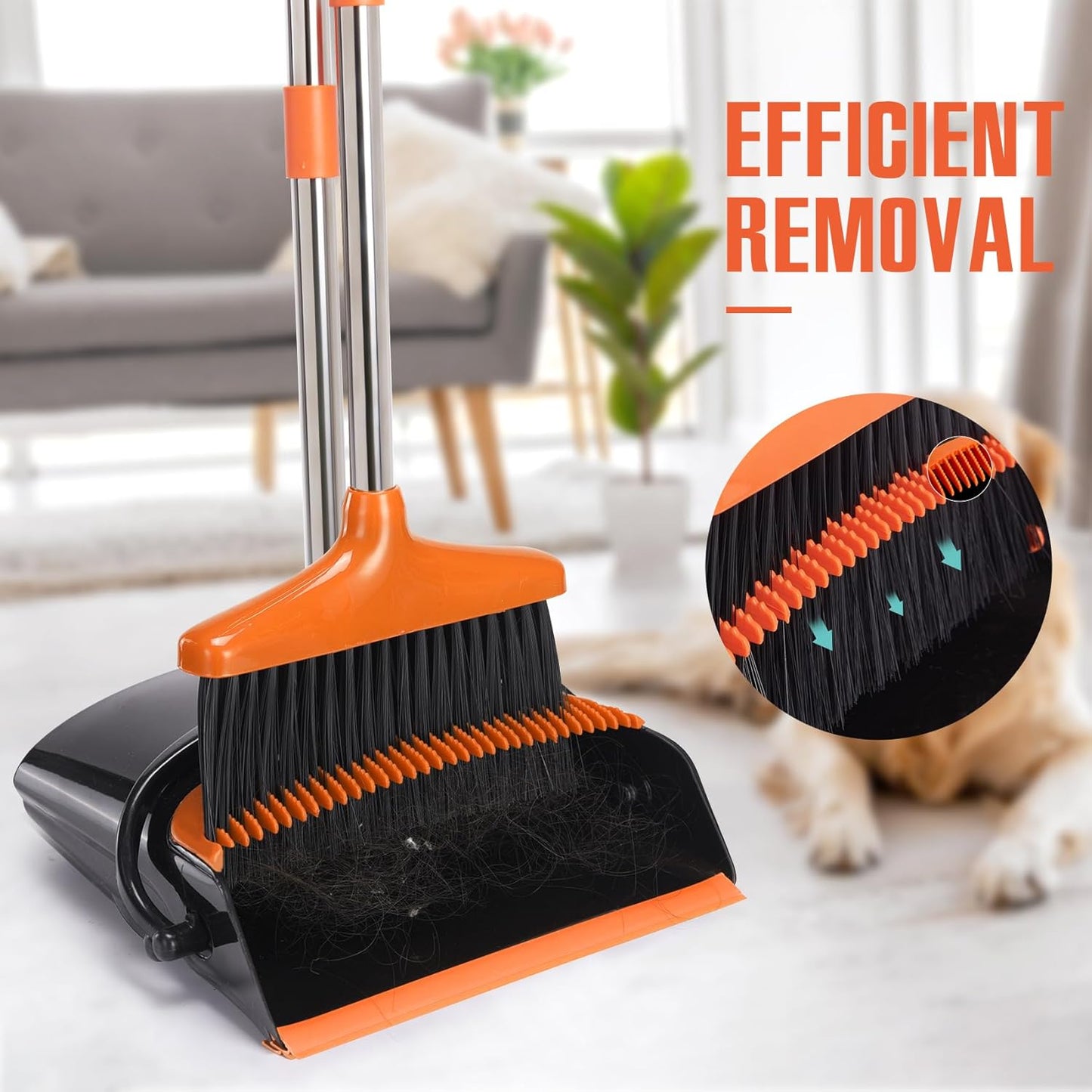 Broom and Dustpan Set with Long Handle, Light Weight Stainless Steel Poles Stand Upright Dustpans with Broom Combo for Home Kitchen Office Pet Dog Hair, Brown & Beige Color, 1-Pack