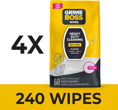Grime Boss Heavy Duty Surface and Hand Wipes (2x60ct) | Remove Paint, Oil, Grease, Adhesives, Mud, Dirt | Workshop Replace Cleaners like Rags, Towels, Pumice, Soap