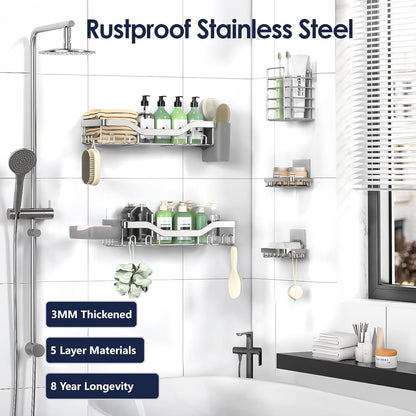 NESOMI Shower Caddy Adhesive Shower Organizer 7-Pack, Rustproof Stainless Steel Bathroom Shelves, Large Capacity No-Drill Rack Storage Accessories with Soap Dish Toothbrush Holder &24 Hooks Home Decor