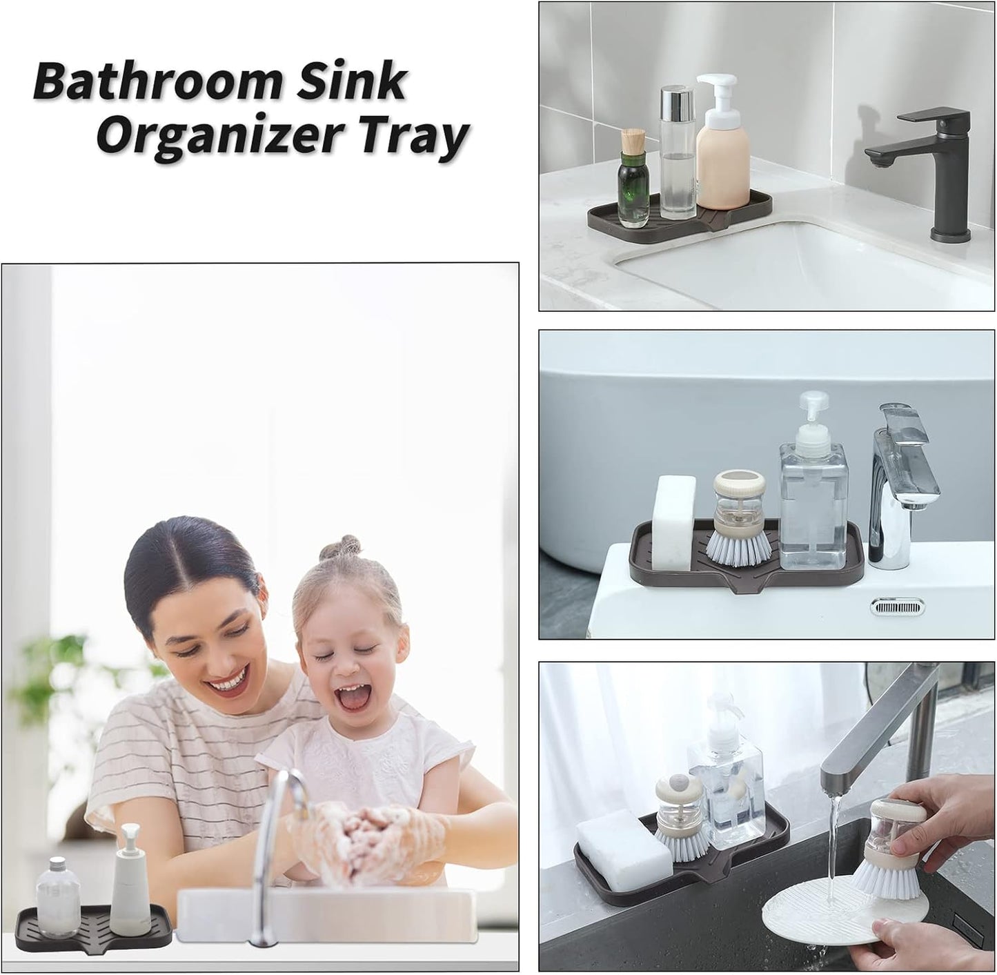 MicoYang Silicone Bathroom Soap Dishes with Drain Spout-Bathroom and Kitchen Sink Organizer,Sponge Holder,Dish Soap Tray,Perfect for Dispenser,Scrubber,Bottle,Cup on Sink or Counter-Black 4.9"×3.2"
