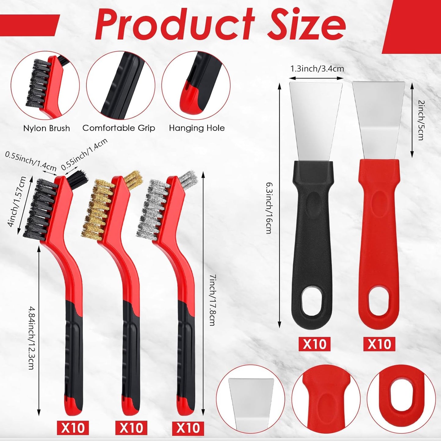 Reallnaive 50 Pcs Wire Brush Set with 20 Scrapers, Small Wire Cleaning Brush Set Stainless Steel Brass Nylon Metal Brushes with Dual Head Curved Handle Grip for Cleaning Rust Weld Slag Grout