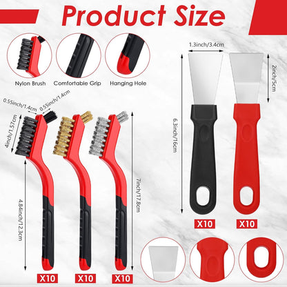 Reallnaive 50 Pcs Wire Brush Set with 20 Scrapers, Small Wire Cleaning Brush Set Stainless Steel Brass Nylon Metal Brushes with Dual Head Curved Handle Grip for Cleaning Rust Weld Slag Grout