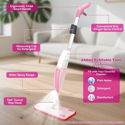 Dreamon Kids Spray Mop - Real Working Toddler Cleaning Set with Water Sprayer & 3 Washable Mop Pads & Scraper, Pretend Play Montessori Housekeeping Toys Gifts for Toddlers Kids Girls Boys(Blue)