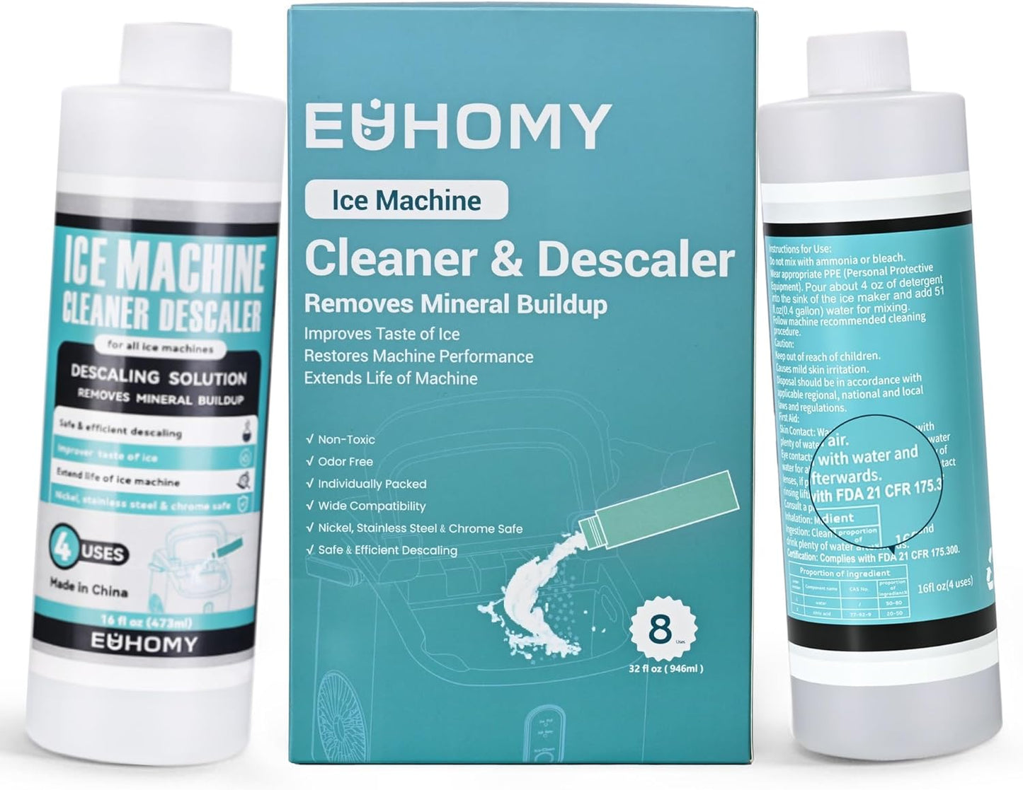 EUHOMY Ice Machine Cleaner Descaler, 16 Fl OZ Ice Maker Cleaner (4 Uses Per Bottle), Ideal Universal Descaling Solution for All Brands Ice Maker, Single Use Coffee and Espresso Machines
