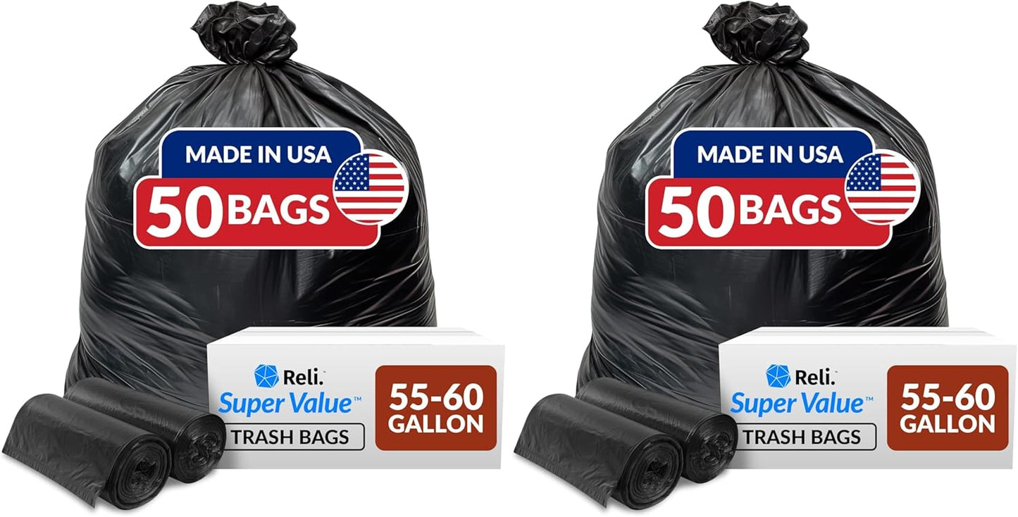 Reli. 55-60 Gallon Trash Bags Heavy Duty | 50 Bags | 50-60 Gallon | Large Black Garbage | Made in USA