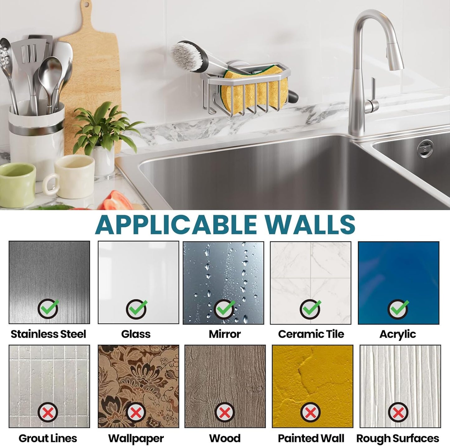 TAILI Sponge Holder for Kitchen Sink with Strong Suction Cup, Rustproof Aluminum Sink Caddy for Sponges, Removable Sponge Holder, Dish Brush for Scraper - Silver
