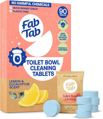 Fab Tab Toilet Bowl Cleaner Tablets, Powerful Stain Removal, No Harsh Chemicals, Plastic-Free, Removes Rust & Stains, Safe for Regular and Septic Tank Toilets, Lemon & Eucalyptus Scent