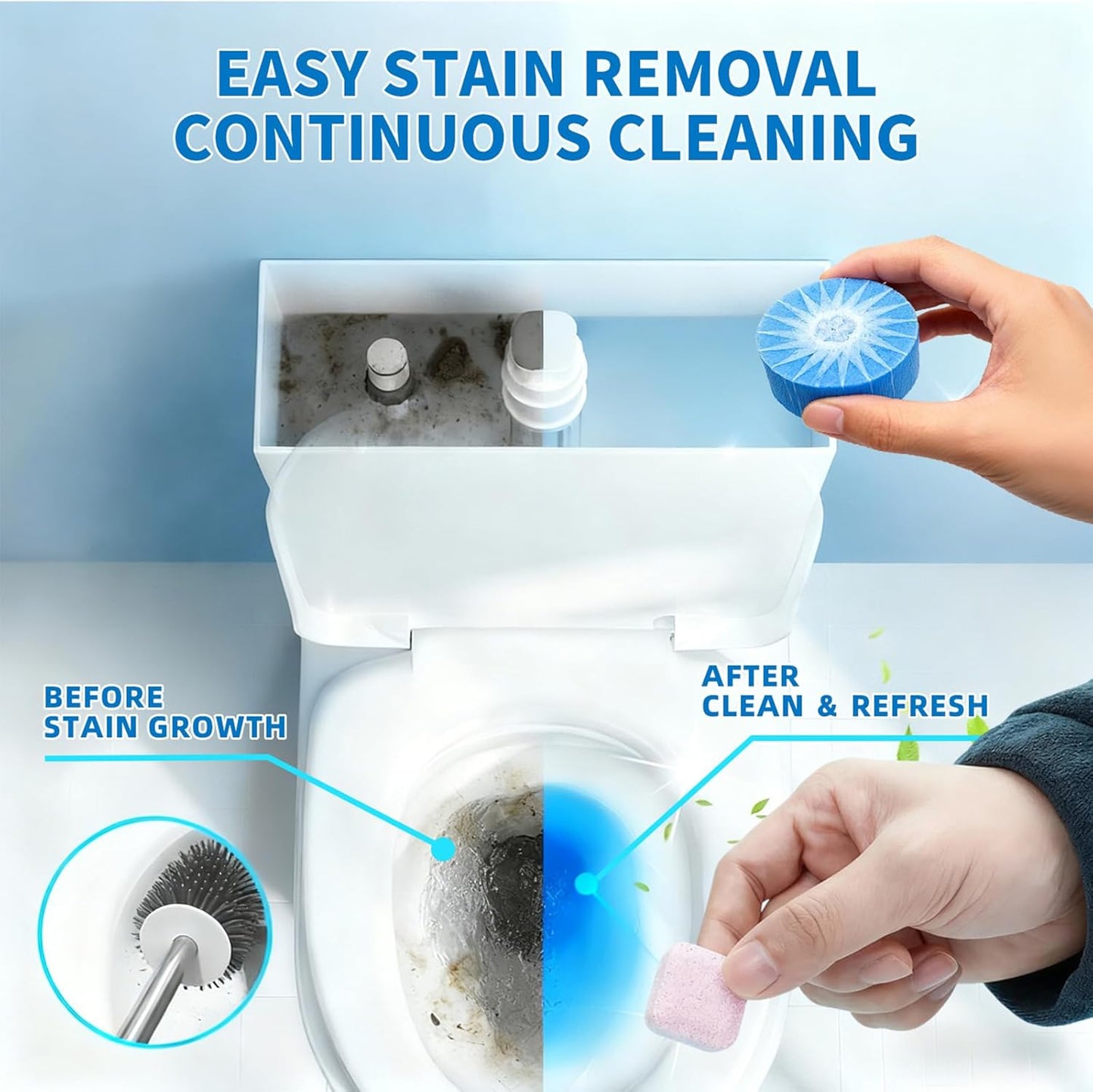 2-in-1 Toilet Cleaning Tablets (48 Pack) - 16 Effervescent Toilet Bowl Stain Remover and 32 Blue White Toilet Tank Cleaner Tablets - Limescale Removal for Septic System