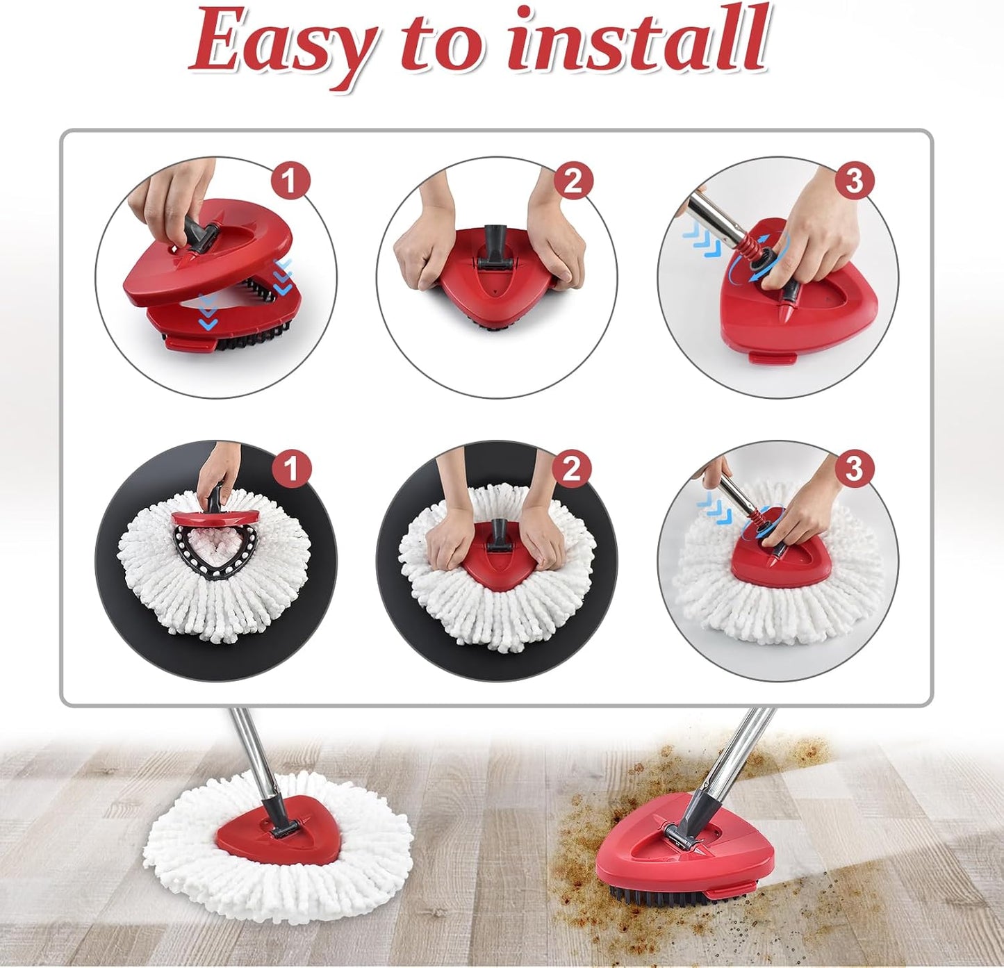 Mop Heads Replacements,Scrubber Head,Base and Pedal Bearing Replacement Combo Set for O-Cedar EasyWring 1-Tank System,Microfiber Mop Replace Head and Scrub Brush for Multi Surface Floor