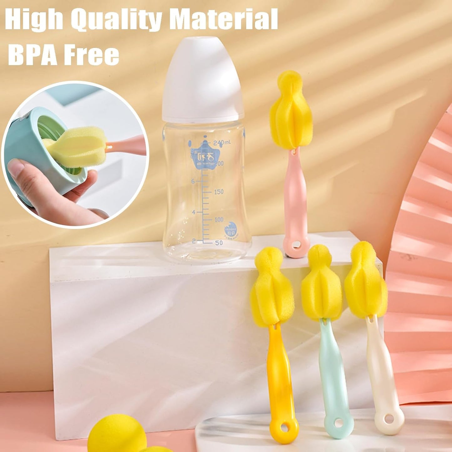 Bottle Brush Sponge Cup Brush Set with 4 Replacement Brush Head Portable Long Handle Water Bottle Cleaner Brush, for Baby Bottles Vacuum Flasks (4 Brushes + 4 Heads)