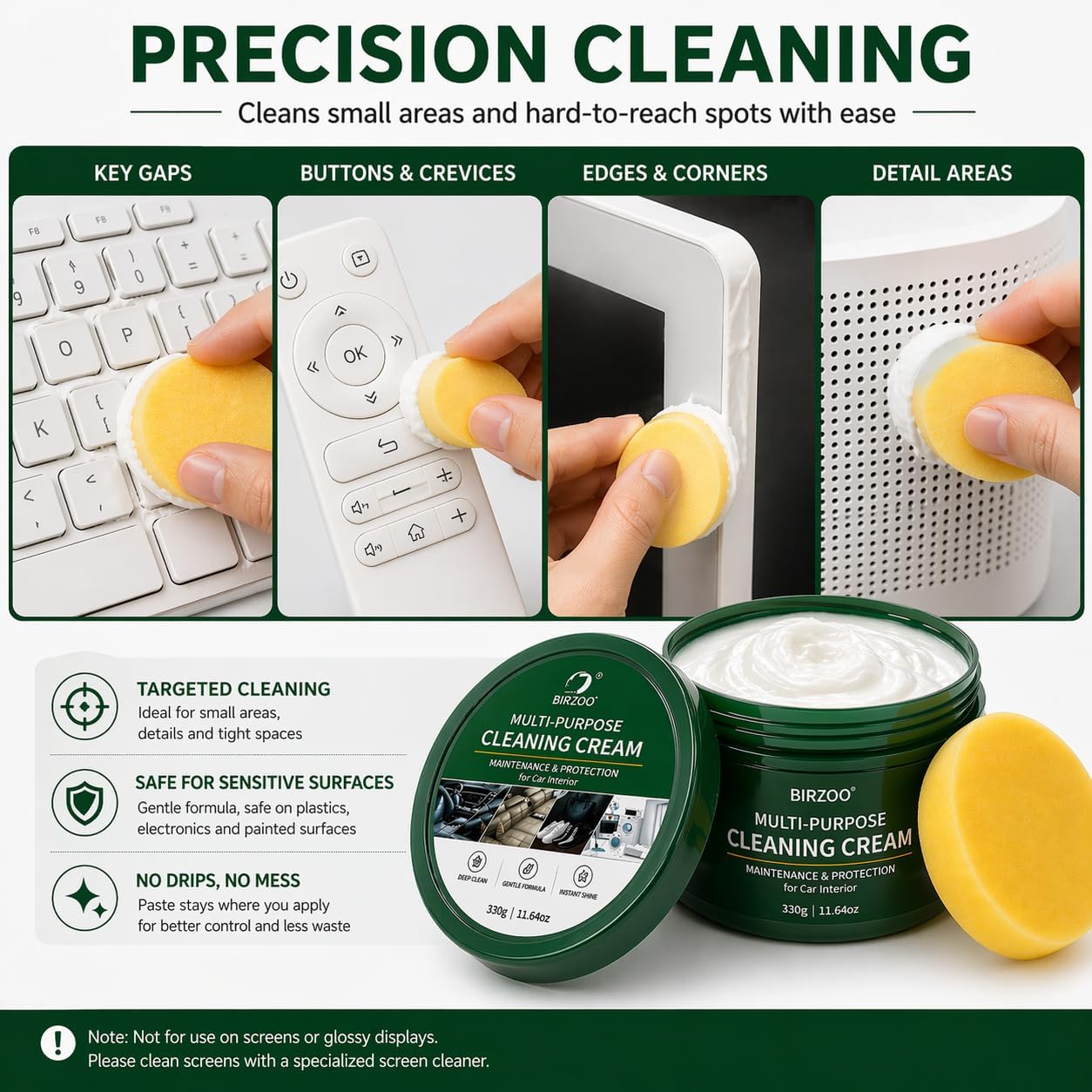 Multi Purpose Cleaning Cream, Waterless No Spray Cleaning Paste for Electronics, Small Appliances & Leather Surfaces, with Sponge and Cloth, 330g (11.64 oz)