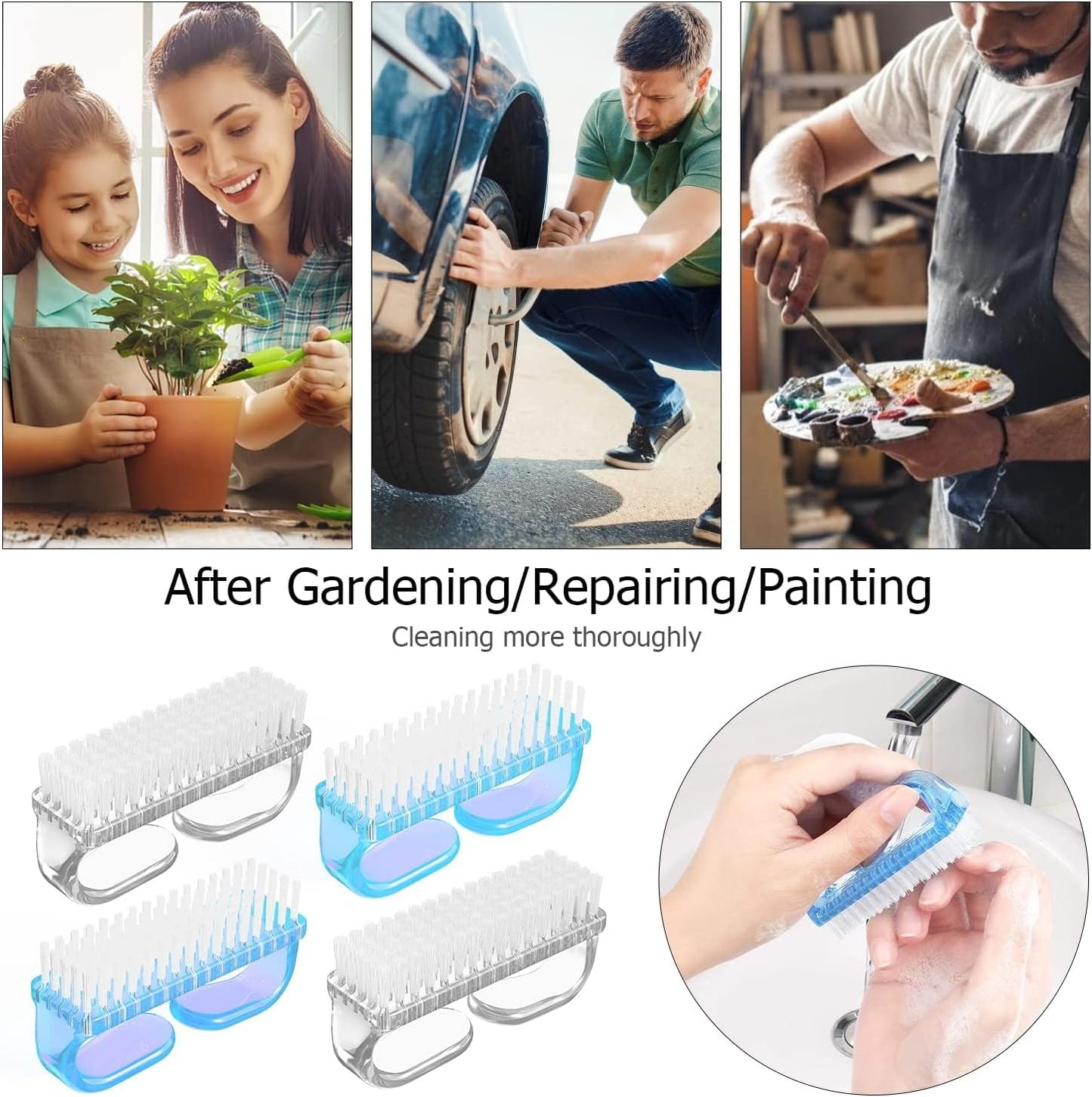 Larbois Handle Grip Nail Brush, Nail Brushes Hand Fingernail Brush Cleaner Scrubbing Kit Pedicure for Toes and Nails Men Women (4 Pack)