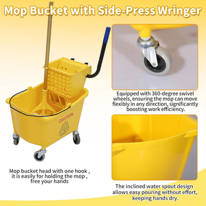 Commercial Mop Bucket with Side-Press Wringer for Floor Cleaning, 35 Quarts, Yellow, Including One Commercial Mop