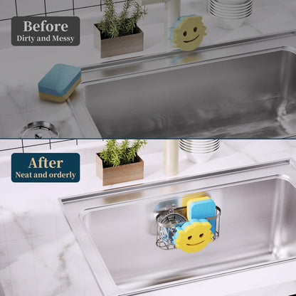 Consumest Sponge Holder Sink Caddy - Ladder Shaped Sponge Holder for Kitchen Sink with 2 Installation Ways (Suction Cups & Adhesive Hook), Rustproof Stainless Steel Kitchen Organizer, Silver