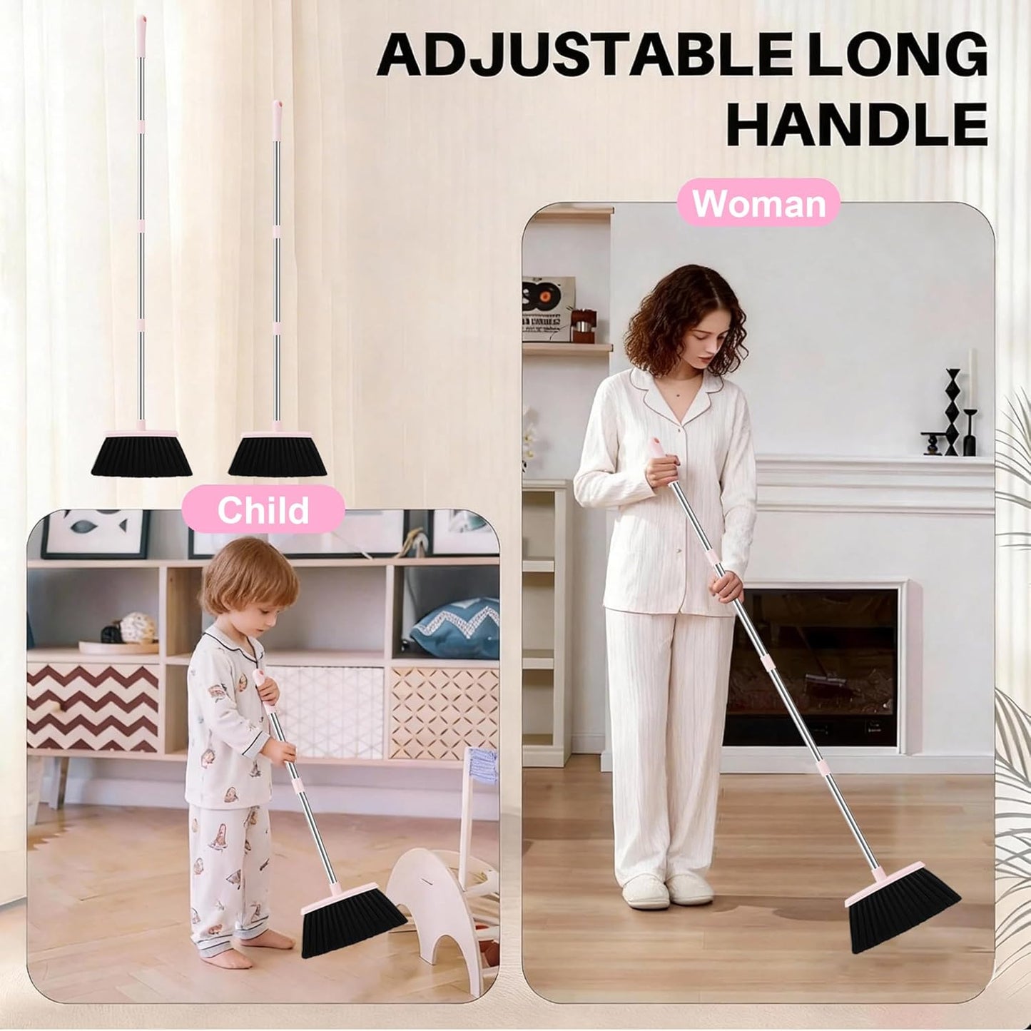 BSKLIN Pink Broom and Dustpan Set, 52-in Handle Broom Dustpan Combo Set Household Hand Broom with Dustpan Teeth to Clean Hair for Home Kitchen Office Lobby Sweeping Indoor（Pink）