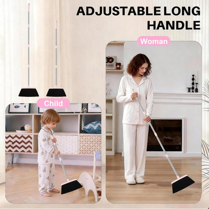 BSKLIN Pink Broom and Dustpan Set, 52-in Handle Broom Dustpan Combo Set Household Hand Broom with Dustpan Teeth to Clean Hair for Home Kitchen Office Lobby Sweeping Indoor（Pink）