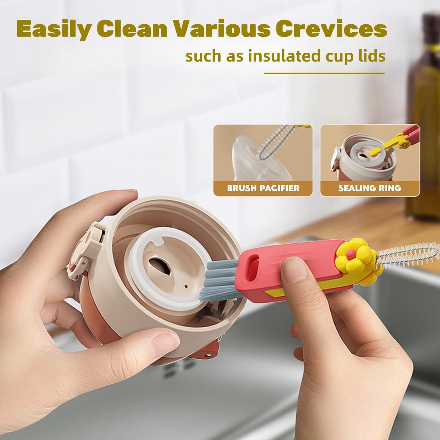 4-in-1 Bottle Cleaning Brush Set, Multifunction Silicone Cup Lid Gap Cleaner, Home Kitchen Crevice Cleaning Tools, 3 Pcs, Multicolor