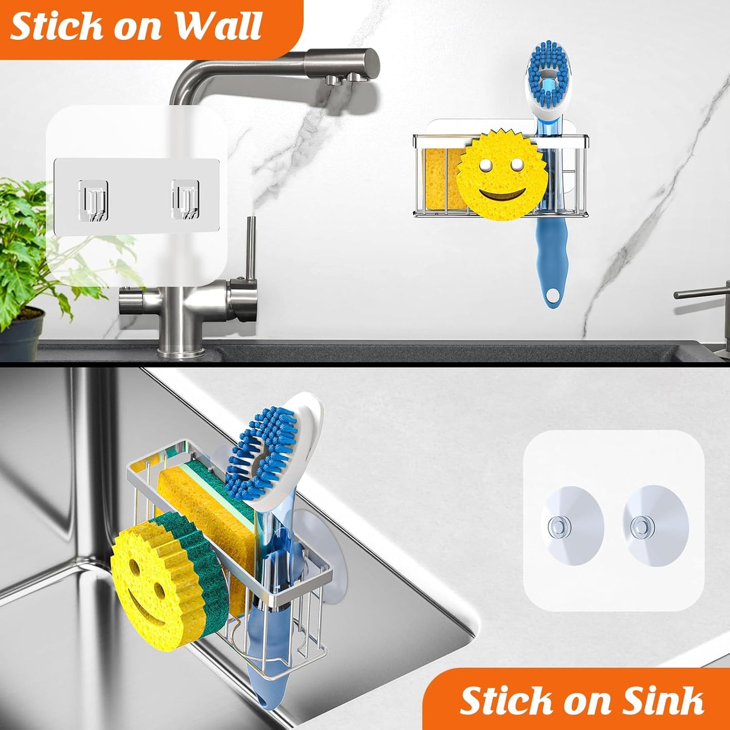 MURLONG Sponge Holder Smiley Face, Sink Caddy for kitchen Sink, Kitchen Organizer Sponge Holder with 2 PCS Suction Cups/1 PCS Adhesive Strips, Designed for Sponge, Soap, Dish brush, Scrubber-Black