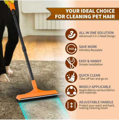 Carpet Rake for Pet Hair Removal - Reusable Dog & Cat Hair Remover with 58" Reinforced Steel Handle, 3-in-1 Professional Modular Rug Rake & Scraper Tool for Shag Rugs, Couch, Stairs (Orange)