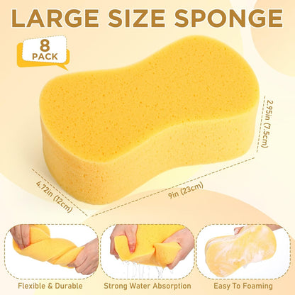 Tioncy 8 Pcs Giant Car Wash Sponges 9 x 4.7 x 3 Inch Extra Large Car Cleaning Bone Sponges Bulk All Purpose Easy Grip Thick Foam Scrubber for Boat Garage Kitchen Bathroom Household Cleaning (Yellow)