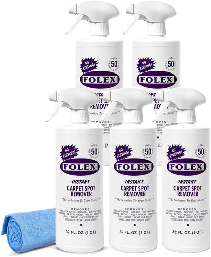 FOLEX Instant Carpet Spot Remover 32 oz – Powerful Stain Remover for Carpets, Upholstery & Rugs – Eliminates Pet Stains, Grease, Red Wine, Food, Makeup & More – With Reusable Cleaning Cloth – 1 Pack
