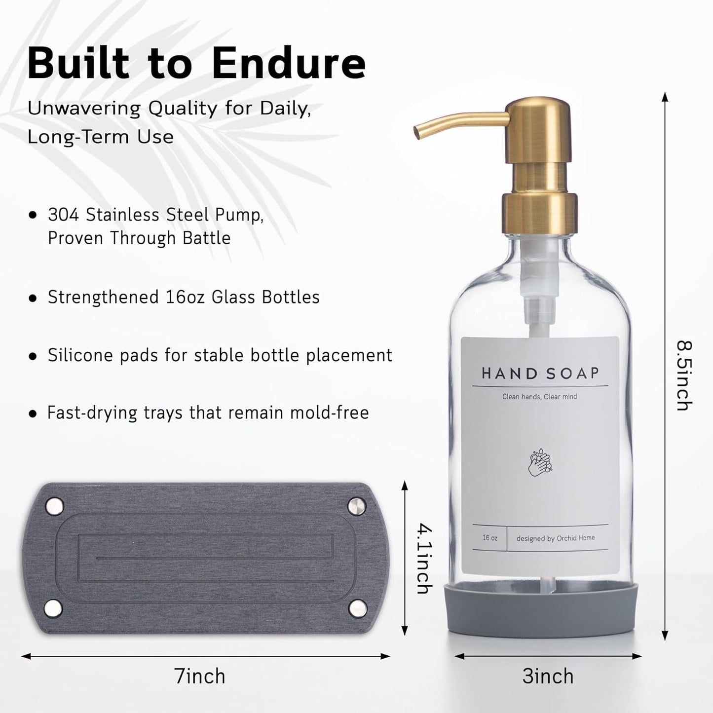 [Luxury] Kitchen Soap Dispenser Set - 16OZ Amber Glass Bottle, Stainless Steel Pump, Instant Dry Tray, Waterproof Labels, Non-Slip Silicone Pad, and Dish Brush | Upgrade for Your Kitchen and Bathroom