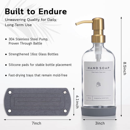 [Luxury] Kitchen Soap Dispenser Set - 16OZ Amber Glass Bottle, Stainless Steel Pump, Instant Dry Tray, Waterproof Labels, Non-Slip Silicone Pad, and Dish Brush | Upgrade for Your Kitchen and Bathroom