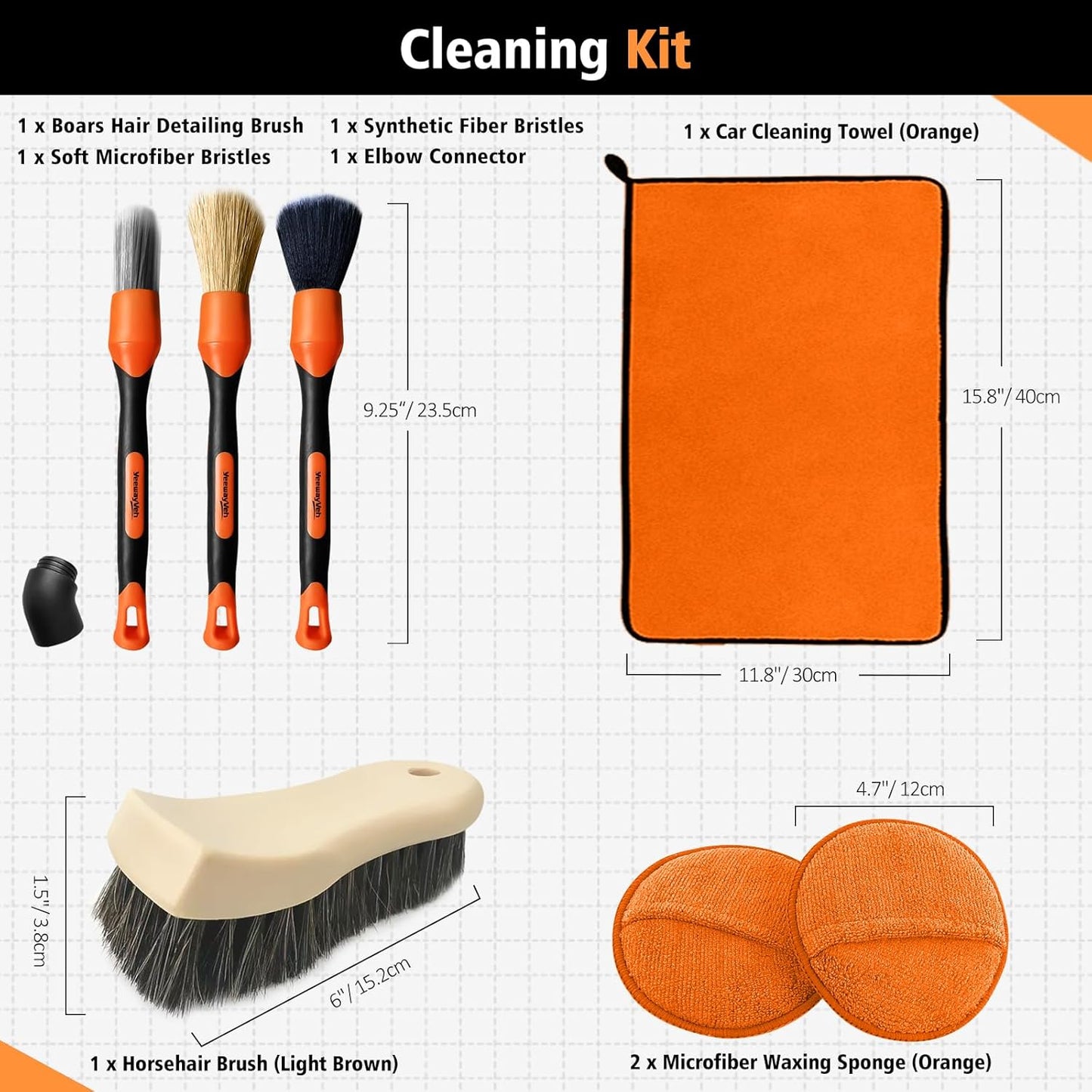 YeewayVeh 3pcs Car Detailing Brush Set, Boars Hair Detailing Brushes, Ultra Soft Detail Brush for Air Vent Leather Seat, Scratch Free Car Detailing Brushes for Interior Exterior, Orange