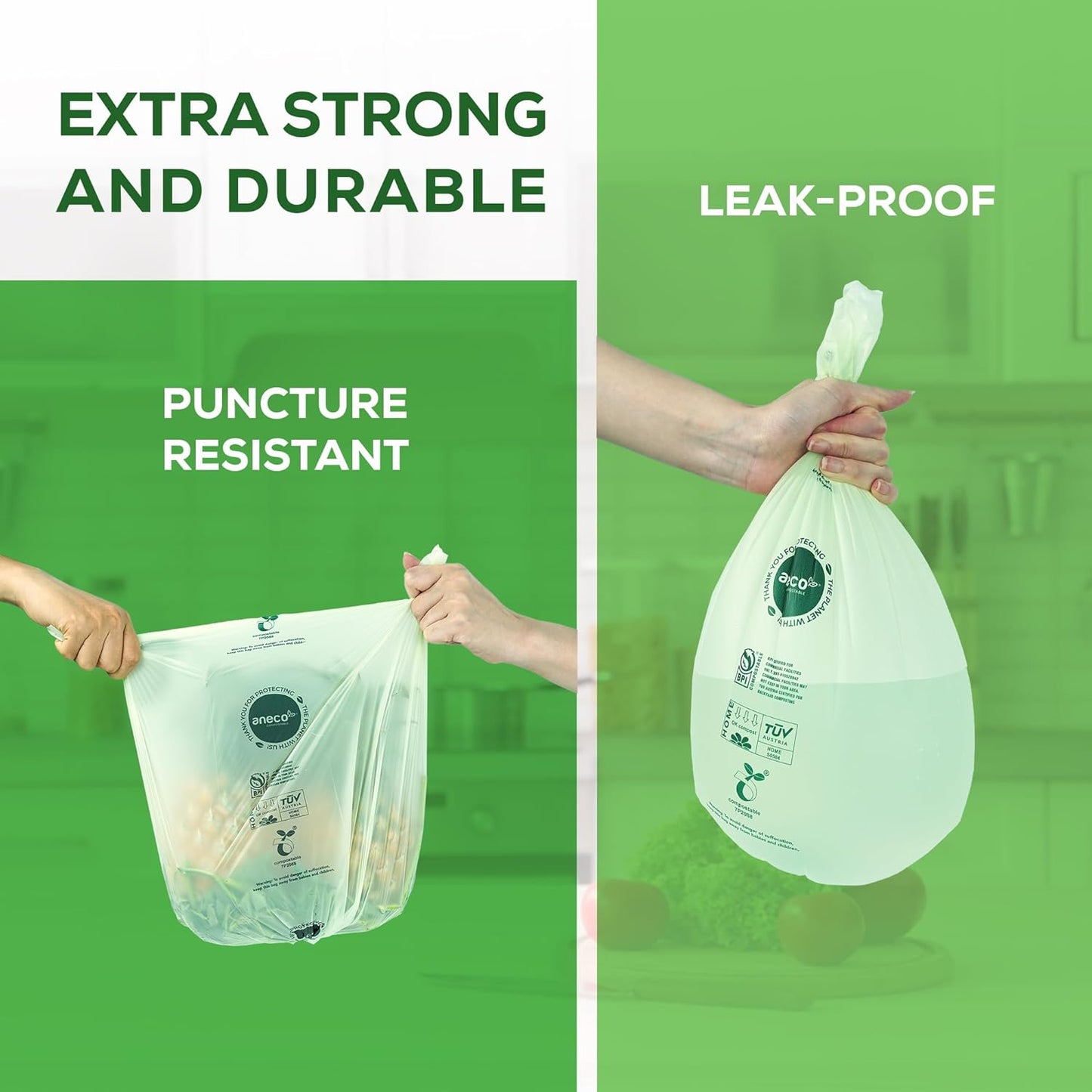 (Include 10 Bonus Bags) ANECO 100% Compostable Waste Bags 2.6 Gallon, Extra Thick Kitchen Small Compost Bags for Countertop Bin, 110 Count (100 + 10 Extra)