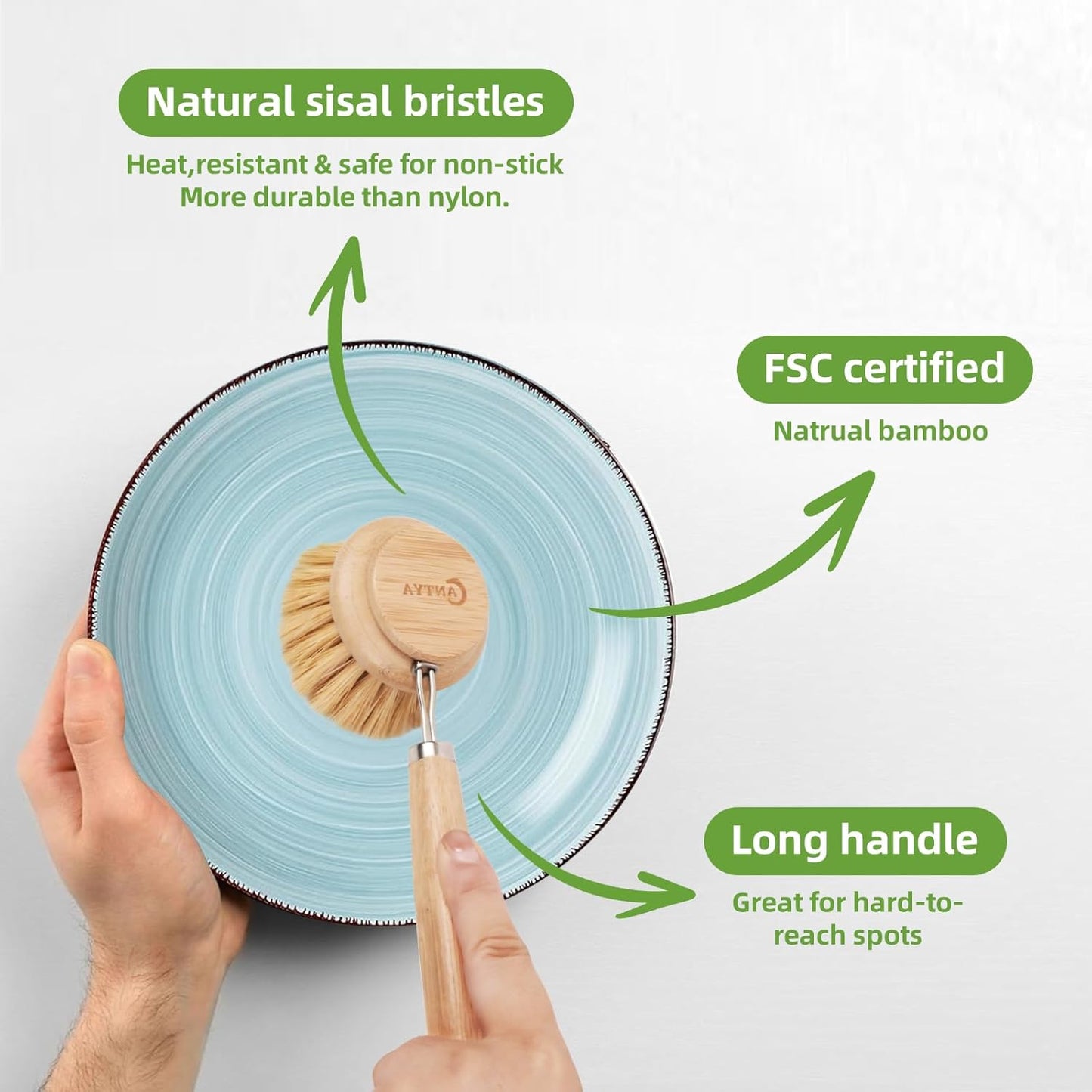 Bamboo Dish Brush with Handle - Soft Bristle, Non Toxic Dish Scrubber Compostable & Sustainable Bamboo Scrub Brush for Dishes, Pots and Pans