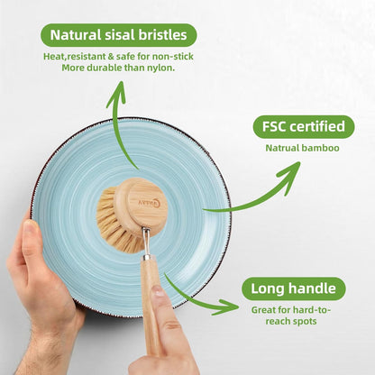 Bamboo Dish Brush with Handle - Soft Bristle, Non Toxic Dish Scrubber Compostable & Sustainable Bamboo Scrub Brush for Dishes, Pots and Pans